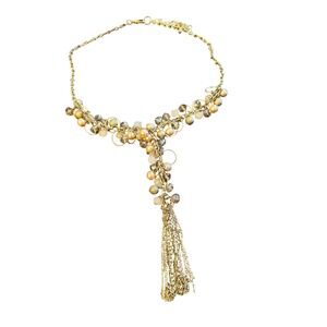 Gold Tone Faux Pearl‎ Crystal Cluster Tassel Statement Y-Necklace Adjustable
